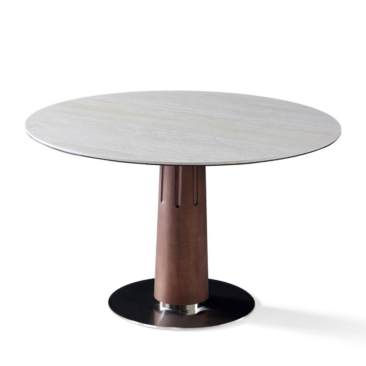 Beige Travertine Sintered Stone With Ash Wood And Stainless Steel Base Round Dining Table