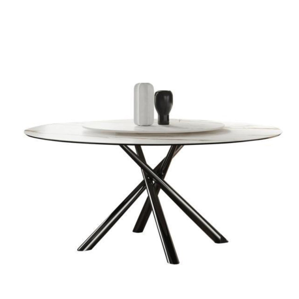 Glossy White Sintered Stone Top With Black Titanium Electroplated Stainless Steel Dining Table