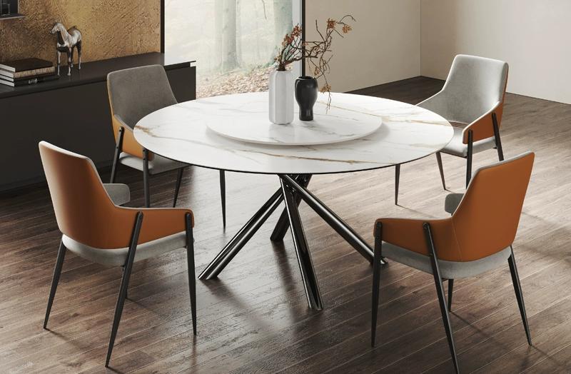 Glossy White Sintered Stone Top With Black Titanium Electroplated Stainless Steel Dining Table